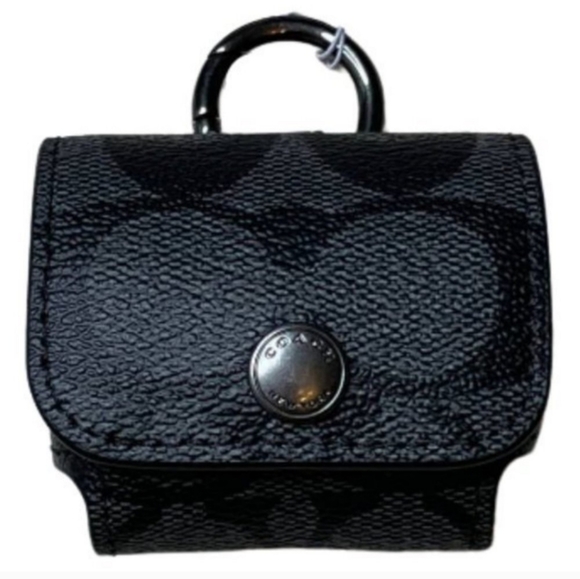 COACH Wireless Earbud Case |Gunmetal Charcoal Black Signature Canvas & Leather - Picture 5 of 14